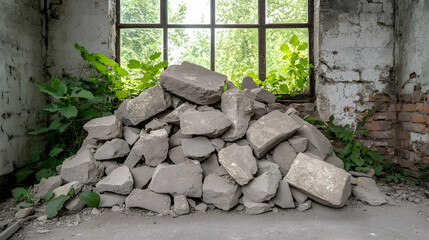 Pile of rubble in abandoned factory with window view