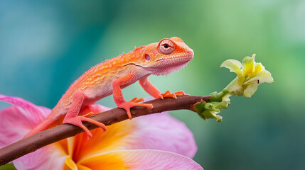 Pink Chameleon on Flower Branch in Soft Focus