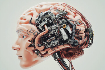 Futuristic hybrid brain showcasing advanced robotics and intricate machinery in a surreal context