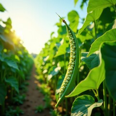 Fototapeta premium Soybean pods and leaves in a sunny agricultural field, sunlight, plants, soybeans
