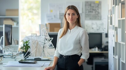 A young female architect stands confidently in a modern office, surrounded by design materials and technology, embodying creativity and professionalism in her workspace.