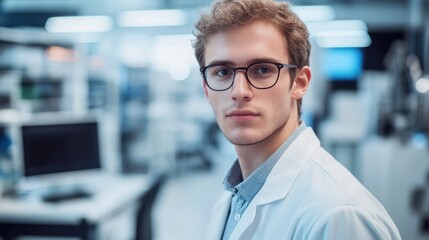 Fototapeta premium A young man wearing a lab coat and glasses poses confidently in a modern laboratory. His serious expression reflects dedication to scientific research and innovation.