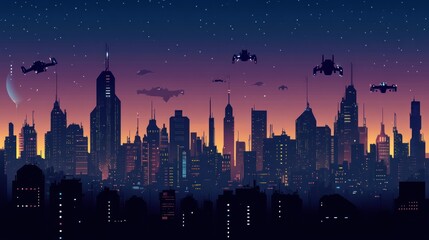 Futuristic Cityscape at Dusk with Flying Vehicles for Science Fiction Illustration