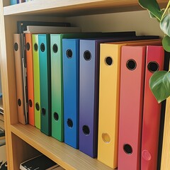 Colorful and well-organized office shelves displaying a variety of folders, binders, and other supplies in a neat and tidy arrangement, suggesting a productive and efficient workspace.