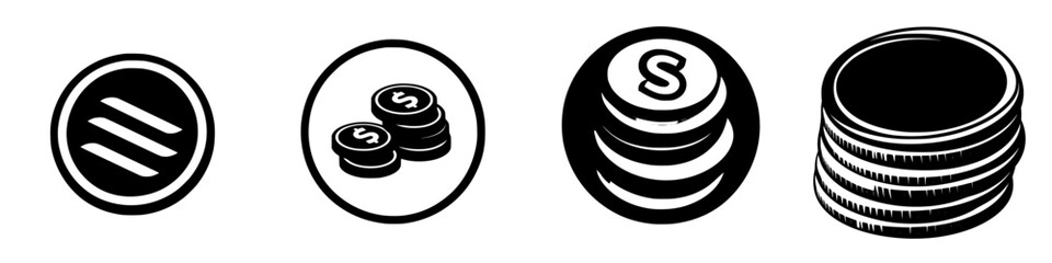 Black and white illustrations of various coin designs representing money concepts and values