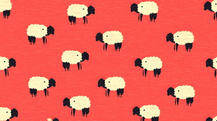 Fototapeta premium Soft sheep pattern on coral background with playful black-faced lambs scattered throughout design