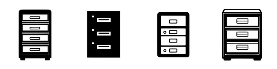 Different styles of storage cabinets featuring various designs and drawer configurations for office organization and home use