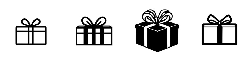 Various designs of gift boxes with ribbons displayed on a white background, ideal for celebrations and holidays