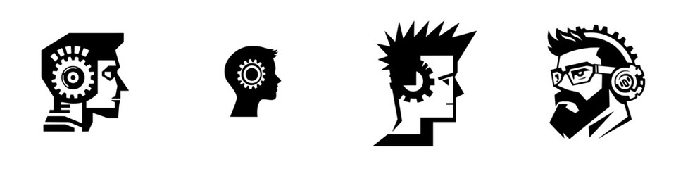 Creative designs depicting various male figures with mechanical elements and gears in a modern style