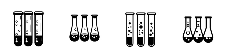 Collection of laboratory glassware including test tubes and flasks on a white background showcasing various shapes and sizes