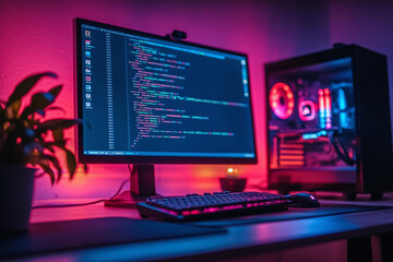 Programming room, computer set up in modern work from home corner, software coding on screen, remote work, coding in neon light in background