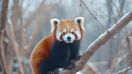Red Panda on Branch in Snowy Forest - Wildlife Photography