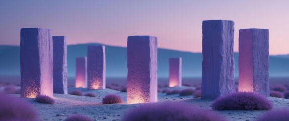 Enigmatic Purple Stone Pillars Glowing with Inner Fire in a Mystical Landscape.
