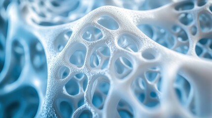 A medium closeup of a bioprinted scaffold for bone tissue illustrating a porous structure designed to support cell growth. The interconnected channels are visible showcasing the engineering