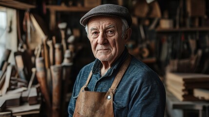 This portrait features an elderly European man wearing a flat cap and an apron in a workshop filled with tools. His serious expression embodies years of craftsmanship and tradition.