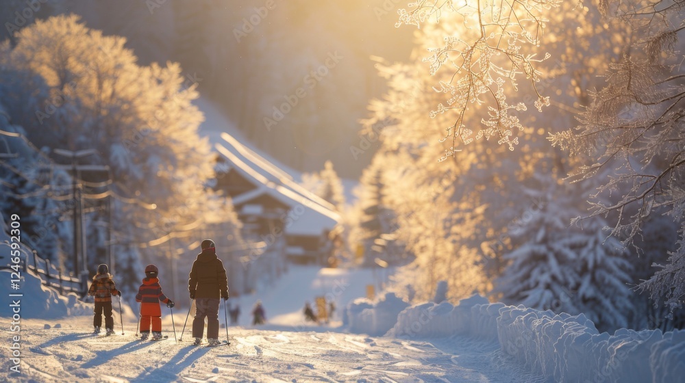 Poster skiers traverse a snow covered trail as sunlight filters through frosted trees, creating a serene wi