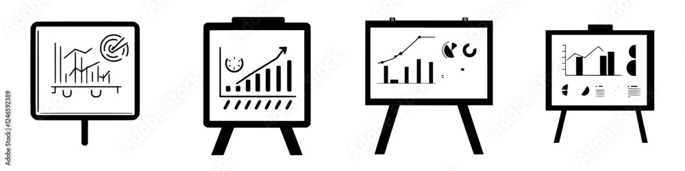 Poster visual representations of data and trends displayed on easels in a presentation setting