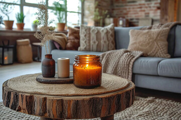 Close up of grunge glass jar with burning candle on wooden live edge accent wooden coffee table against grey sofa. Minimalist loft home interior design of modern living space, winter cozy time	
