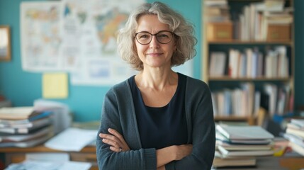 A middle-aged female teacher stands confidently in her classroom, surrounded by books and materials. Her approachable demeanor inspires learning and growth.
