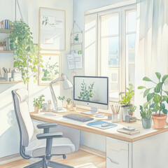 serene workspace featuring desk with plants, computer, and natural light