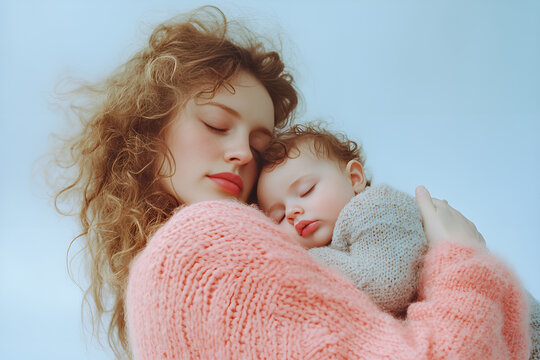 Czuła matka tuląca śpiące dziecko w delikatnym, pastelowym świetle.