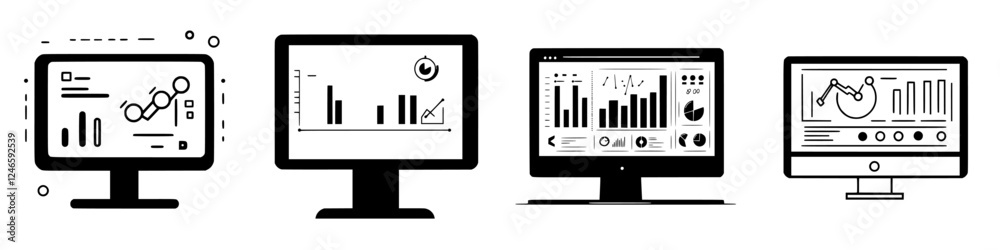 Poster business analytics dashboards display various charts and data visualizations in a digital workspace