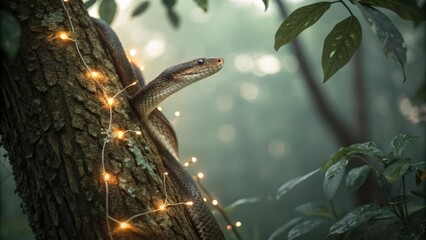 Snake wrapped around a tree with glowing lights and blurred foliage, soft focus, shimmering textures