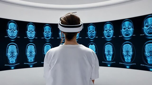 A woman is sitting in front of a wall of MRI scans