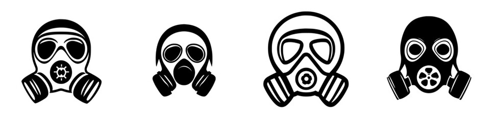Different styles of gas masks being displayed in a vector graphic illustration with a modern aesthetic