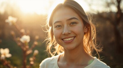 Beautiful Hispanic girl in spring garden at sunset. Cheerful young Mexican woman smiling