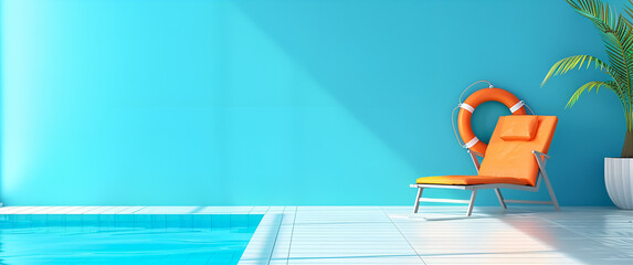 Basen z leżakiem i kołem ratunkowym w słoneczny dzień.