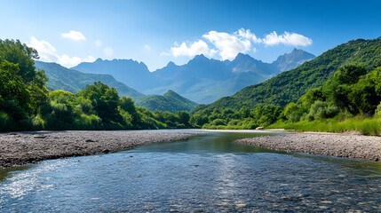 Scenic mountain river valley under a bright sky.  Possible use Nature photography