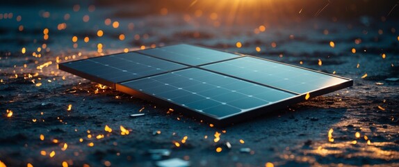 Solar Panel on Ground Featuring Sparks and Debris in Dramatic Lighting and Textured Surface
