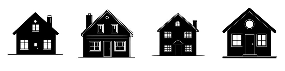 Collection of black silhouette house designs showcasing various architectural styles and features in a simple layout