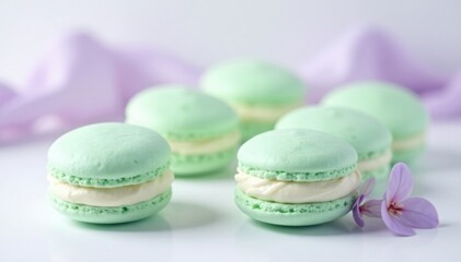 Obraz premium Pastel green eclair on a white background with matcha and lavender swirls, pastel, lavender