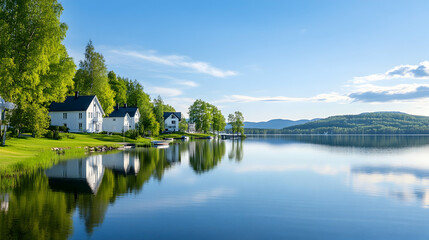 Obraz premium Serene lakefront houses reflecting in still water