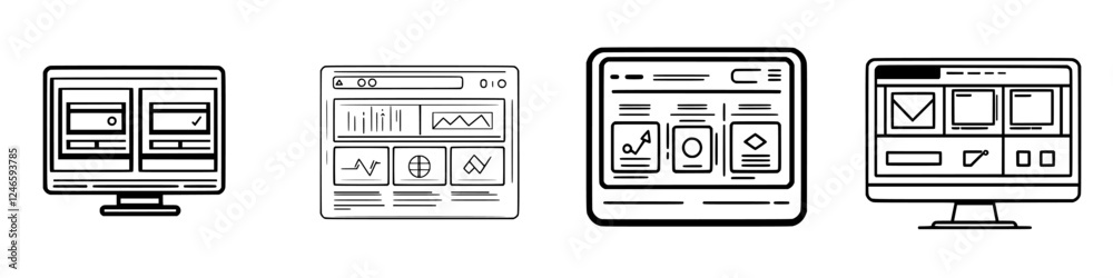 Poster digital screens display various website layouts and data visualizations in a modern workspace settin