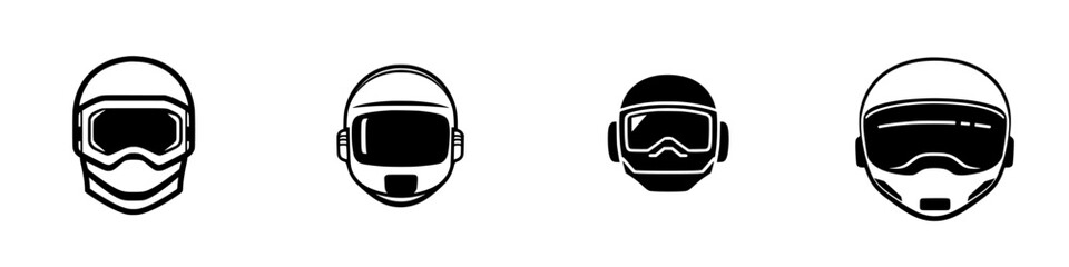 Different styles of helmets displayed in a row for various activities and professions