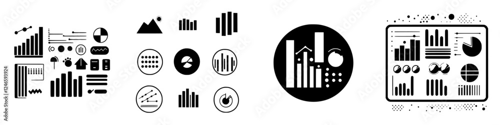 Poster various black and white data visualization elements with graphs, charts, and icons for statistical a