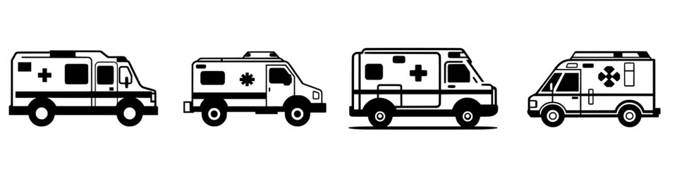 Fototapeta premium Various designs of emergency medical service vehicles in a simple black and white style