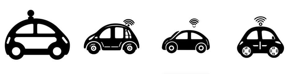 Modern self-driving cars illustrated in various designs and wireless technology symbols