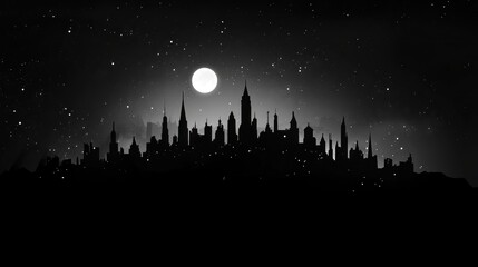 Night city skyline silhouette, moonlit, starry background, artistic photo