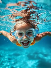 Naklejka premium A joyful child swims underwater, wearing goggles and smiling, surrounded by clear blue water, embodying the essence of fun and playfulness.