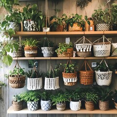 Cozy and Elegant Plant Shelves with a Variety of Potted Houseplants, Ceramic Planters, Wicker Baskets, and Other Botanical Decor Elements for a Stylish and Organic Indoor Living or Office Space