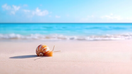 Obraz premium Snail on beach, calm ocean, summer day, tranquil scene. Possible use Stock photo for travel, nature, or relaxation