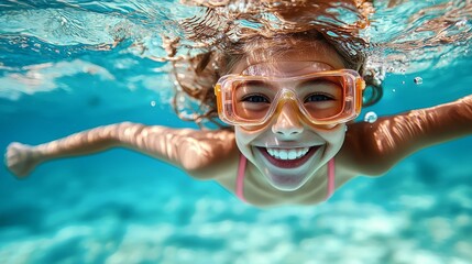 Naklejka premium A joyful child swims underwater, wearing bright goggles and smiling, surrounded by clear blue water.