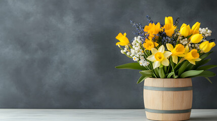 Spring bouquet in wooden barrel, dark background, still life, home decor, gift, possible use for greeting card or social media