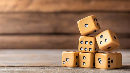 Stacked dice on wooden table, game, chance, luck. Potential use Gambling, board games, teaching probability