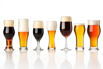 Diverse selection of craft beers displayed in elegant glassware on a clean white surface
