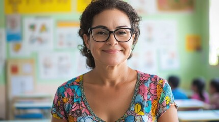 A confident middle-aged Brazilian female teacher stands in a vibrant classroom, radiating warmth and positivity while inspiring her students through her dedication to education.